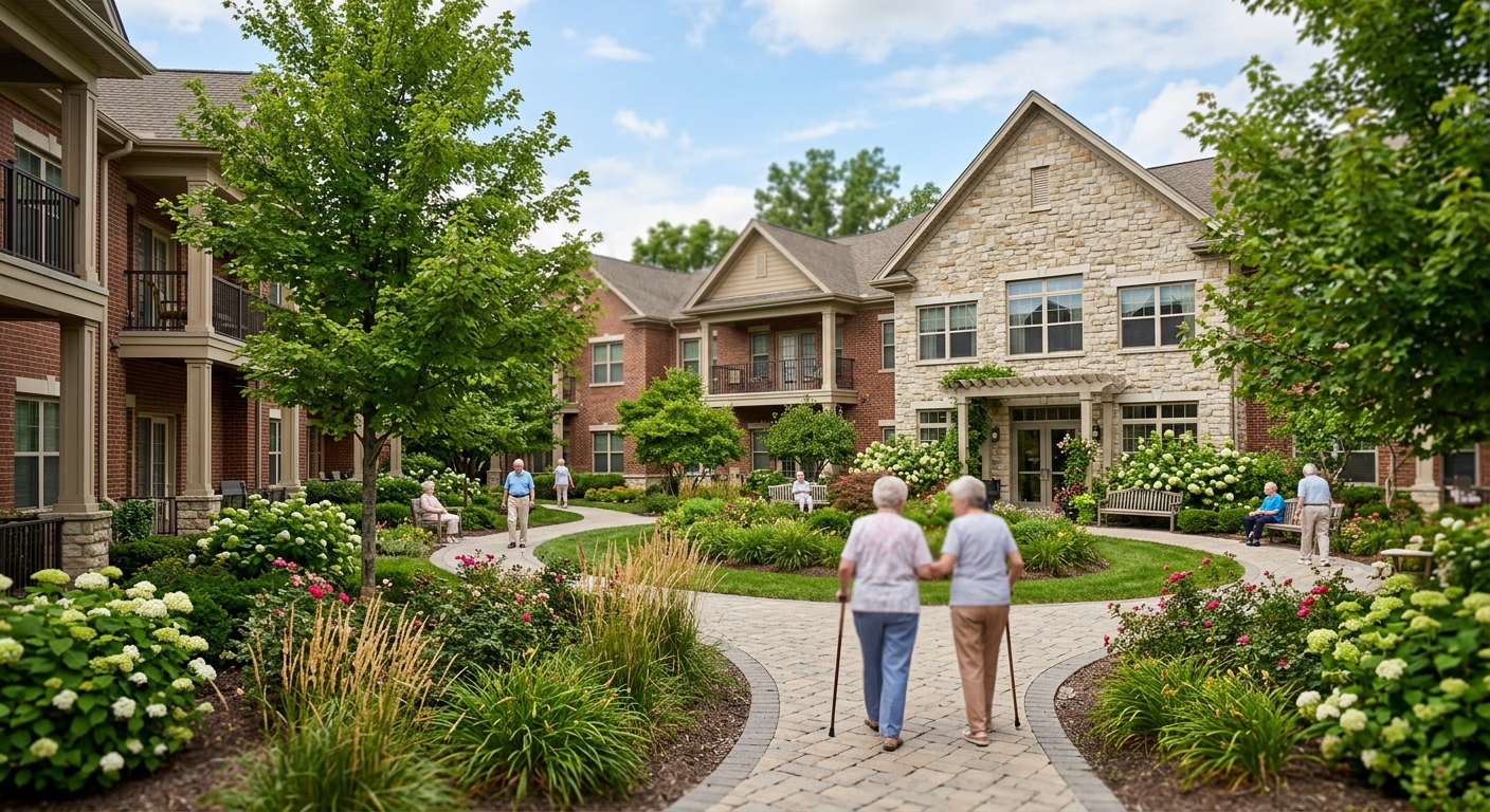 Exterior of a senior living community with a landscaped courtyard