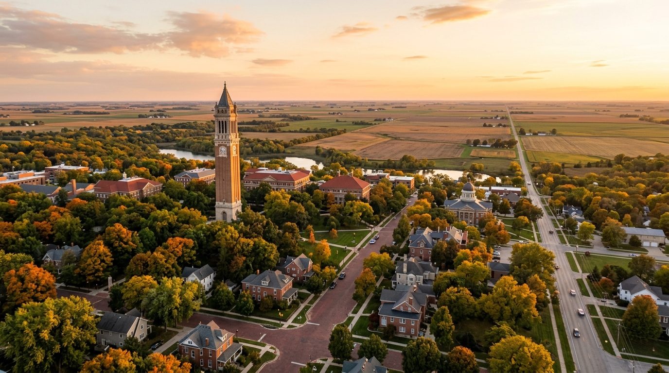 Ames, IA — Midwestern university town at with a classical bell tower rising above tree-lined brick streets and