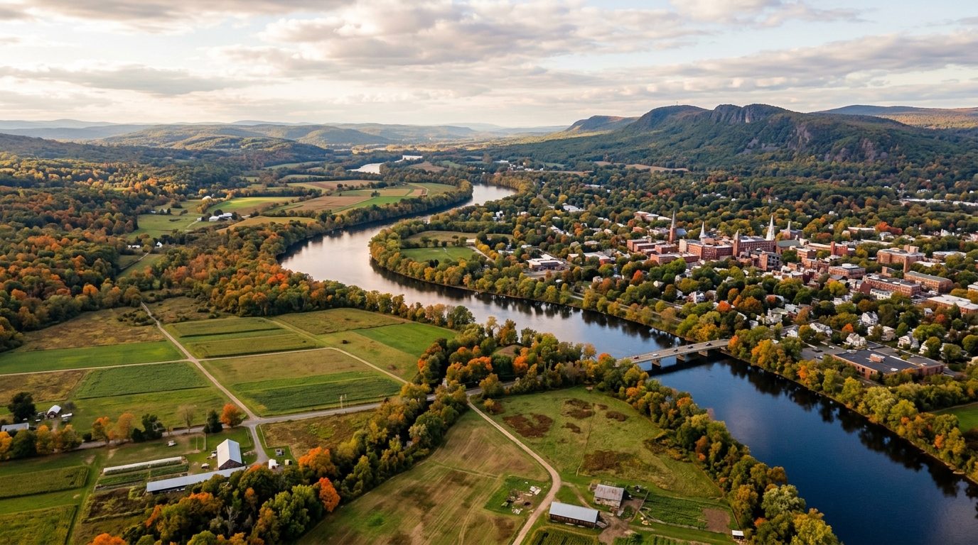 Amherst Town, MA — Connecticut River winding past patchwork farm fields and a New England college-town skyline with the forested