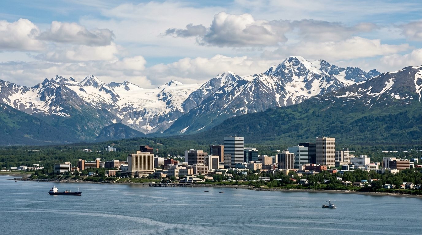 Anchorage, AK — Anchorage's skyline framed by the snow-capped Chugach Mountains and the waters of Cook Inlet under a