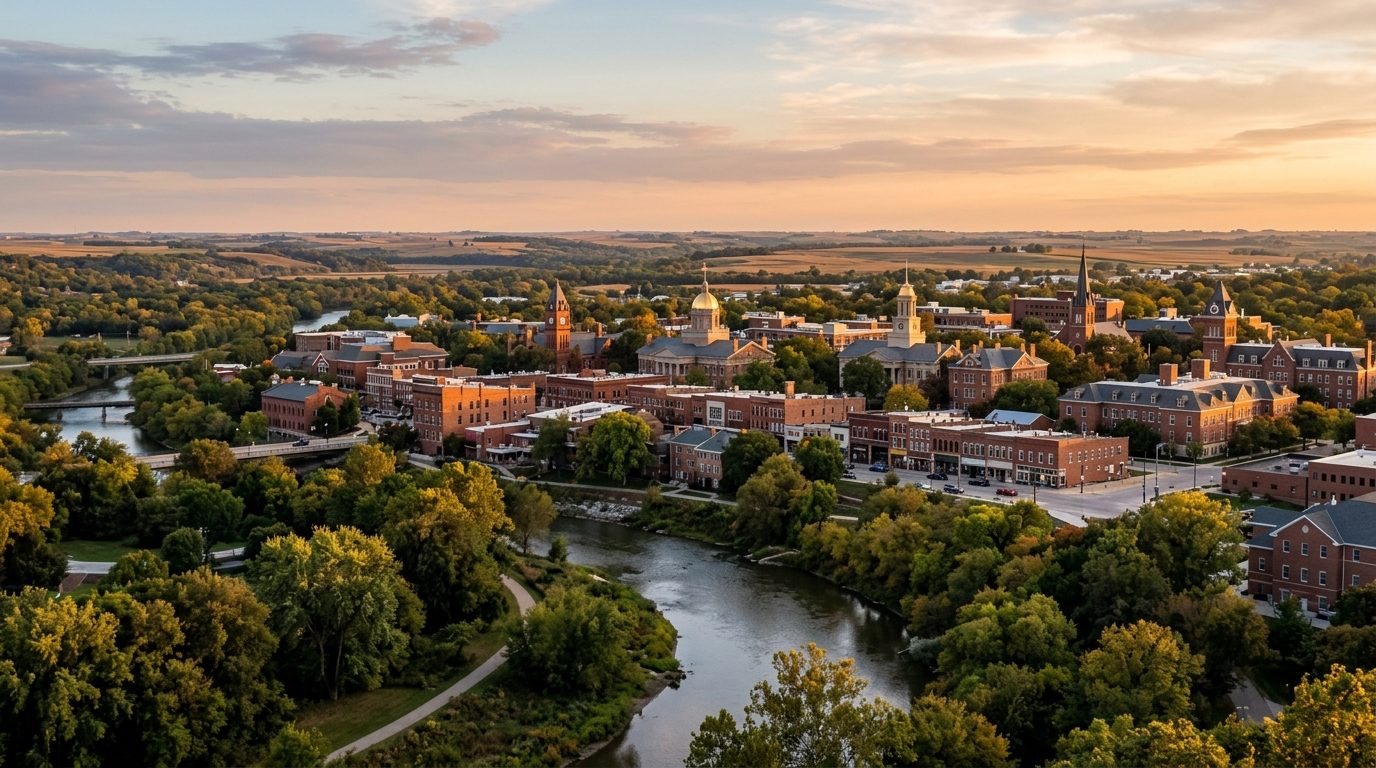 Ann Arbor, MI — Midwestern college town skyline at with a tree-lined river valley, brick downtown buildings, and rolling