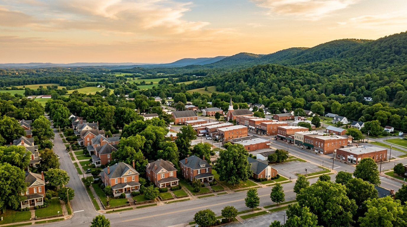 Anniston, AL — Small Alabama foothills city at with tree-covered ridgelines rising behind modest brick downtown buildings,