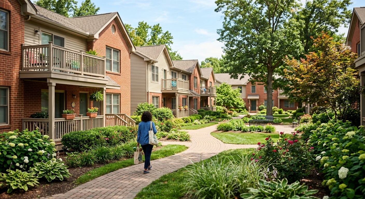 A garden-style apartment complex exterior with landscaped walkways in midday sun.