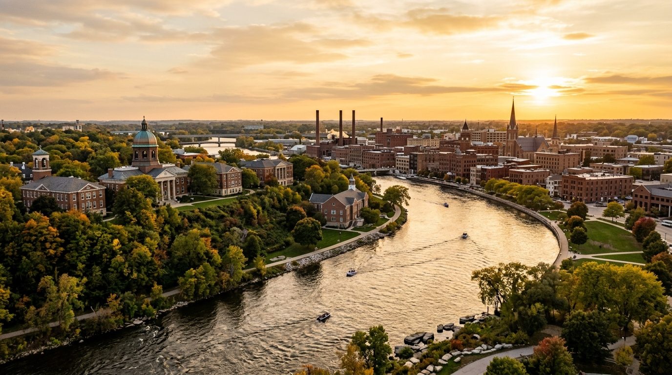 Appleton, WI — Fox River winding past downtown Appleton with historic mill smokestacks, church spires, and the Lawrence