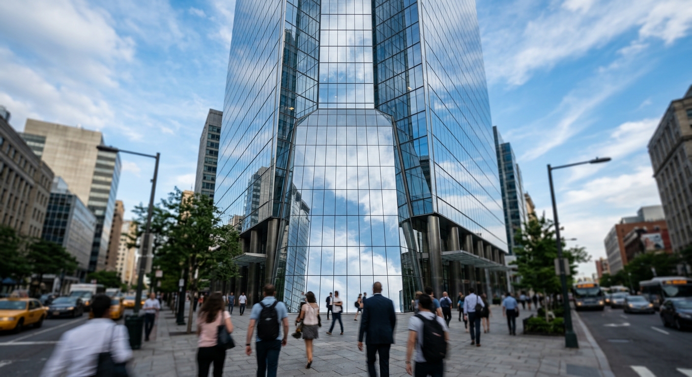 A modern financial district office tower reflecting the sky.