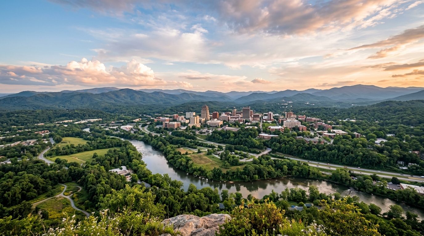 Asheville, NC — Downtown Asheville nestled in the forested Blue Ridge Mountains with the French Broad River winding through