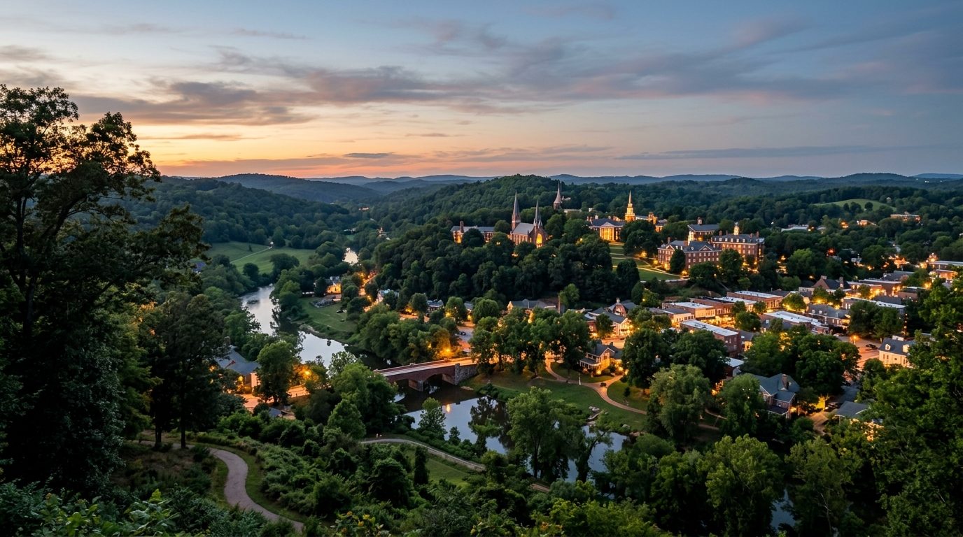 Athens, GA — Piedmont college town at dusk, with rolling green hills, mature oak trees, and a small river valley in soft