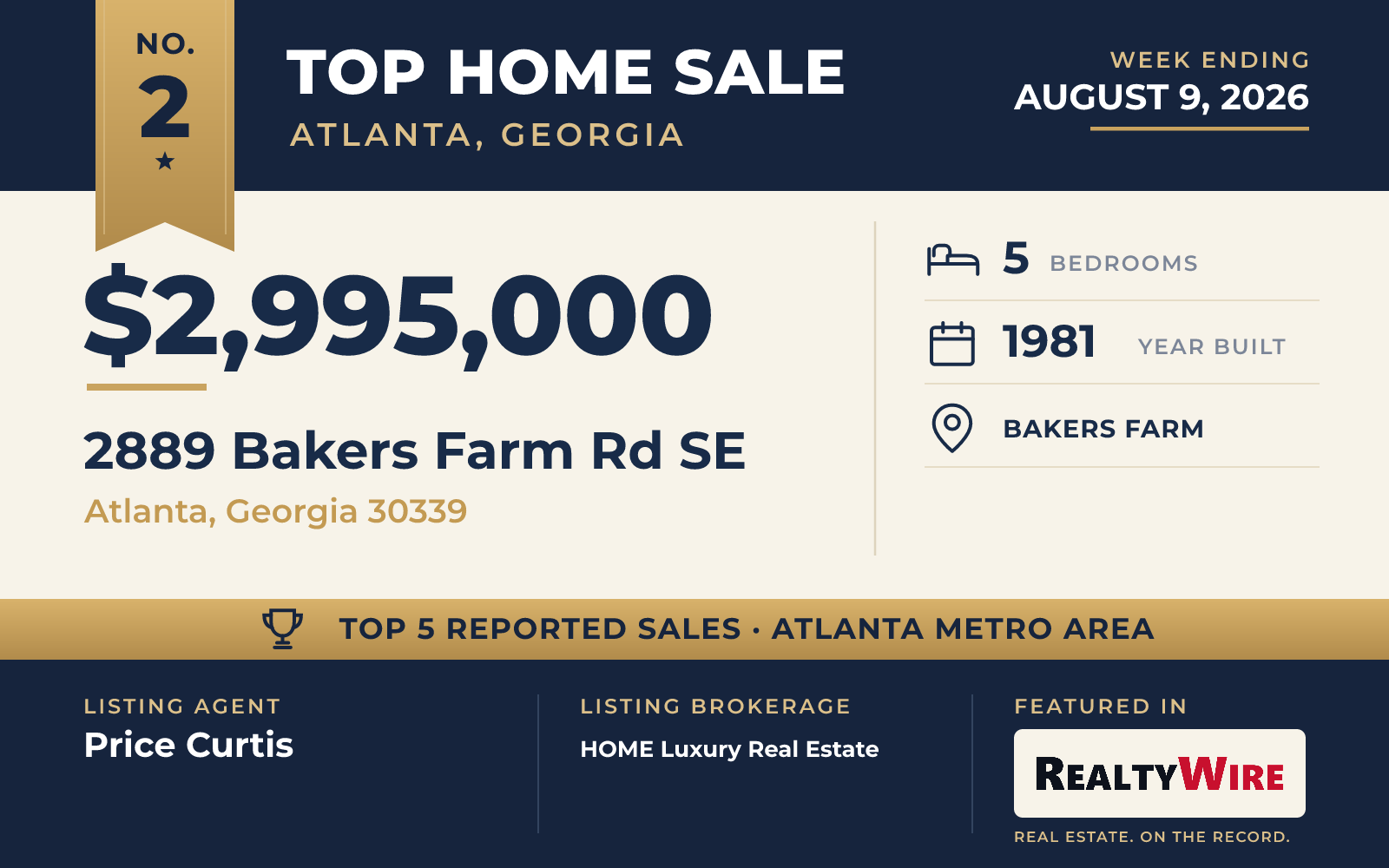 Top home sale No. 2 in the Atlanta, Georgia metro area — 2889 Bakers Farm Rd SE, Atlanta, Georgia, week ending August 9, 2026
