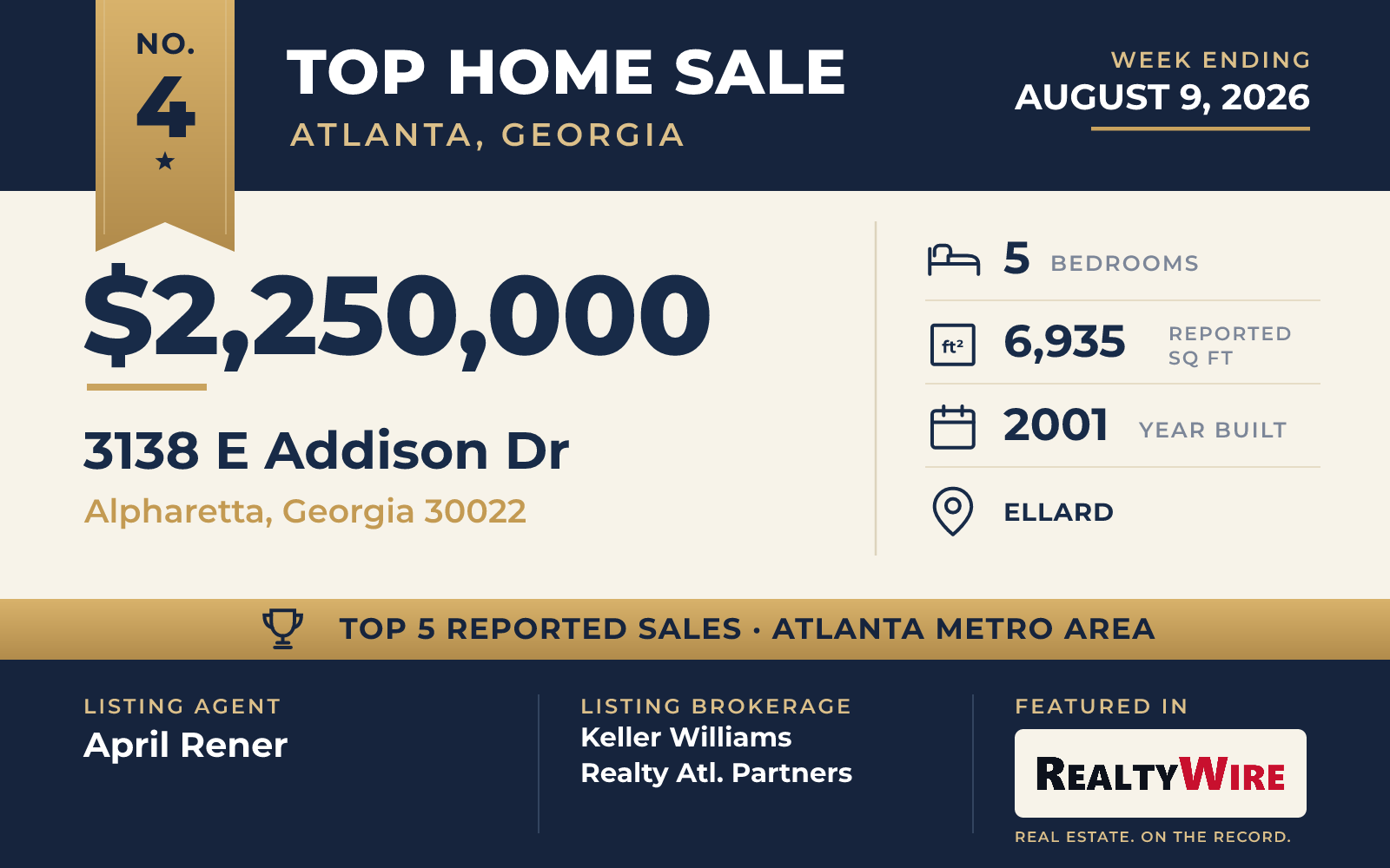 Top home sale No. 4 in the Atlanta, Georgia metro area — 3138 E Addison Dr, Alpharetta, Georgia, week ending August 9, 2026