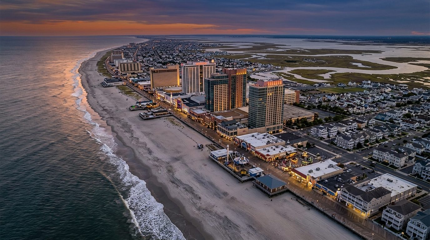 Atlantic City, NJ — New Jersey shore town at dusk, showing an oceanfront boardwalk, sandy beach, casino hotel towers, and marshy