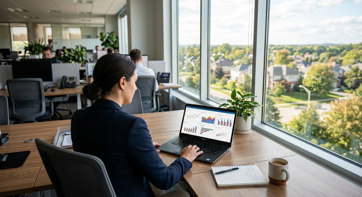 A modern office desk with a laptop overlooking a suburban neighborhood through a large window.