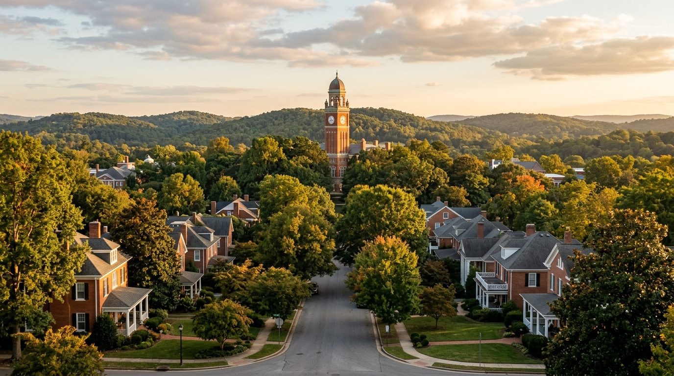 Auburn, AL — Tree-lined southern college town at with a red-brick university clock tower rising above rolling piedmont