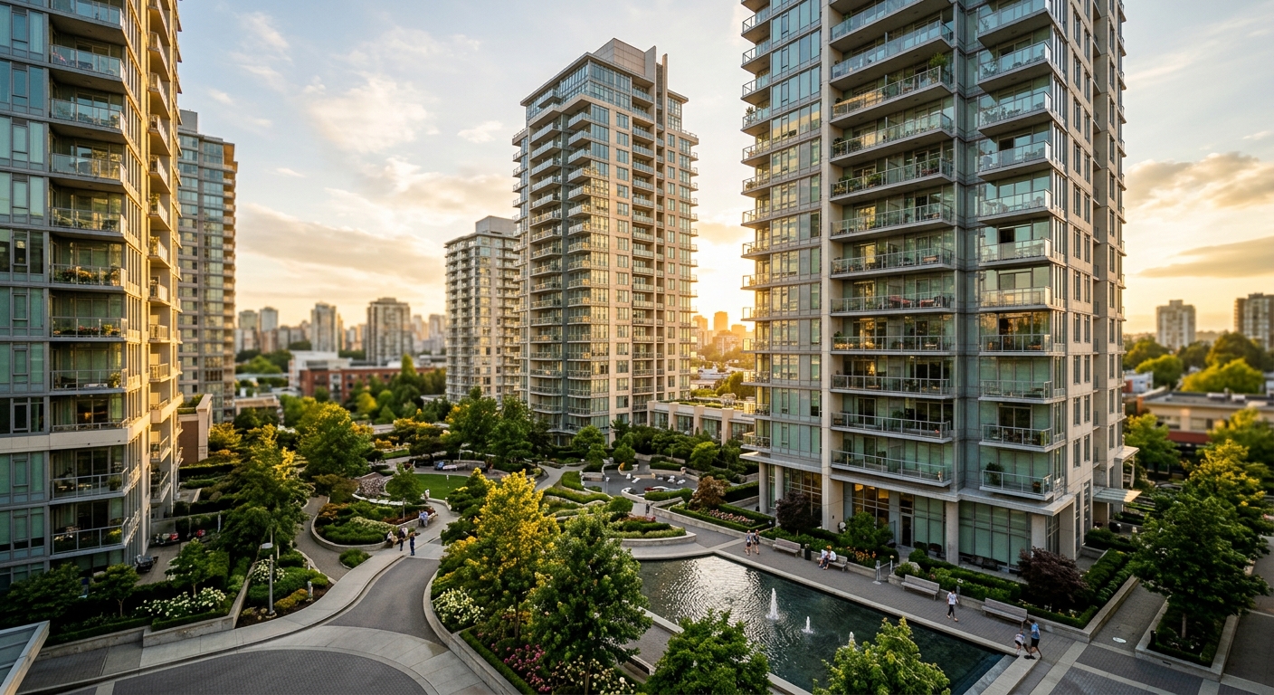 Exterior of a modern high-rise apartment complex with landscaped grounds.