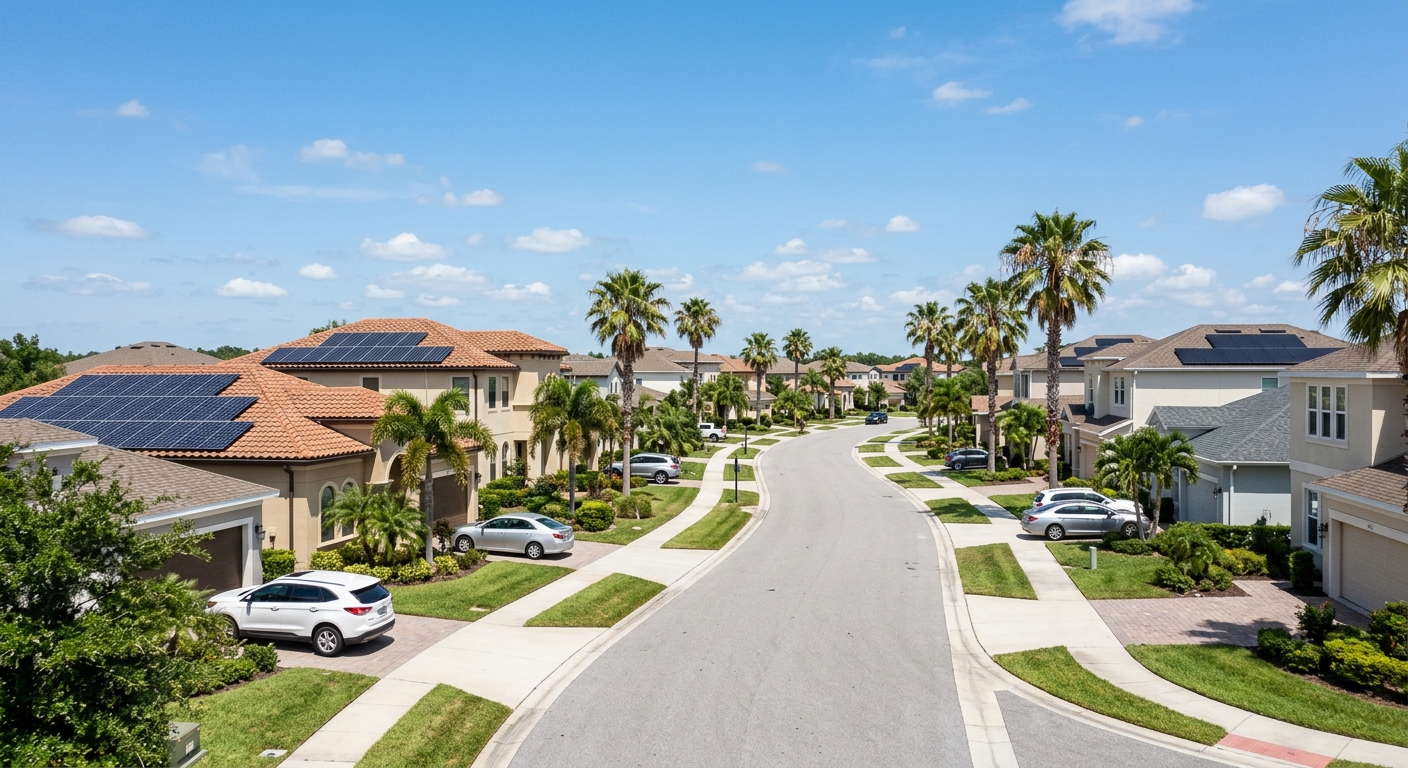 A Florida suburban neighborhood street with solar panels on rooftops under a clear sky.