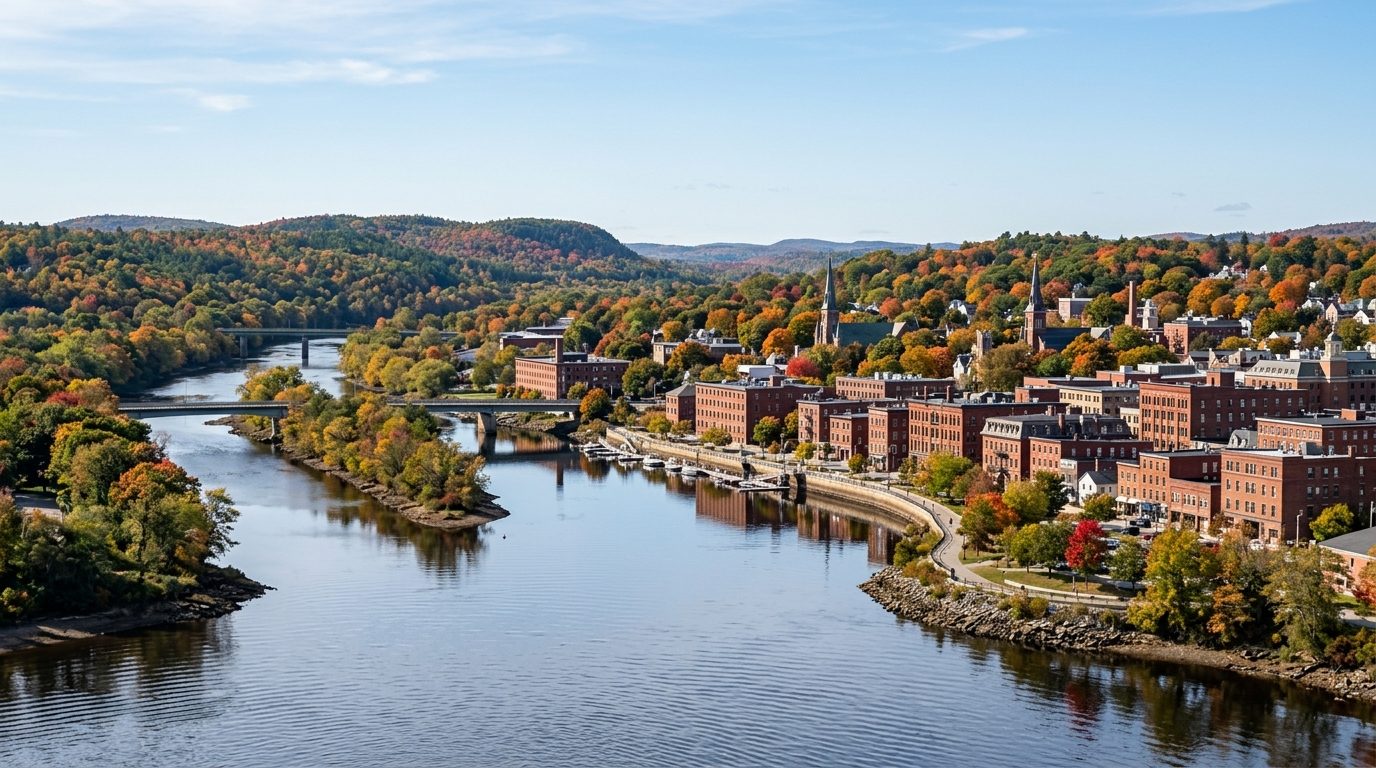 Bangor, ME — Bangor, Maine at the confluence of the Penobscot River and Kenduskeag Stream, with brick riverfront