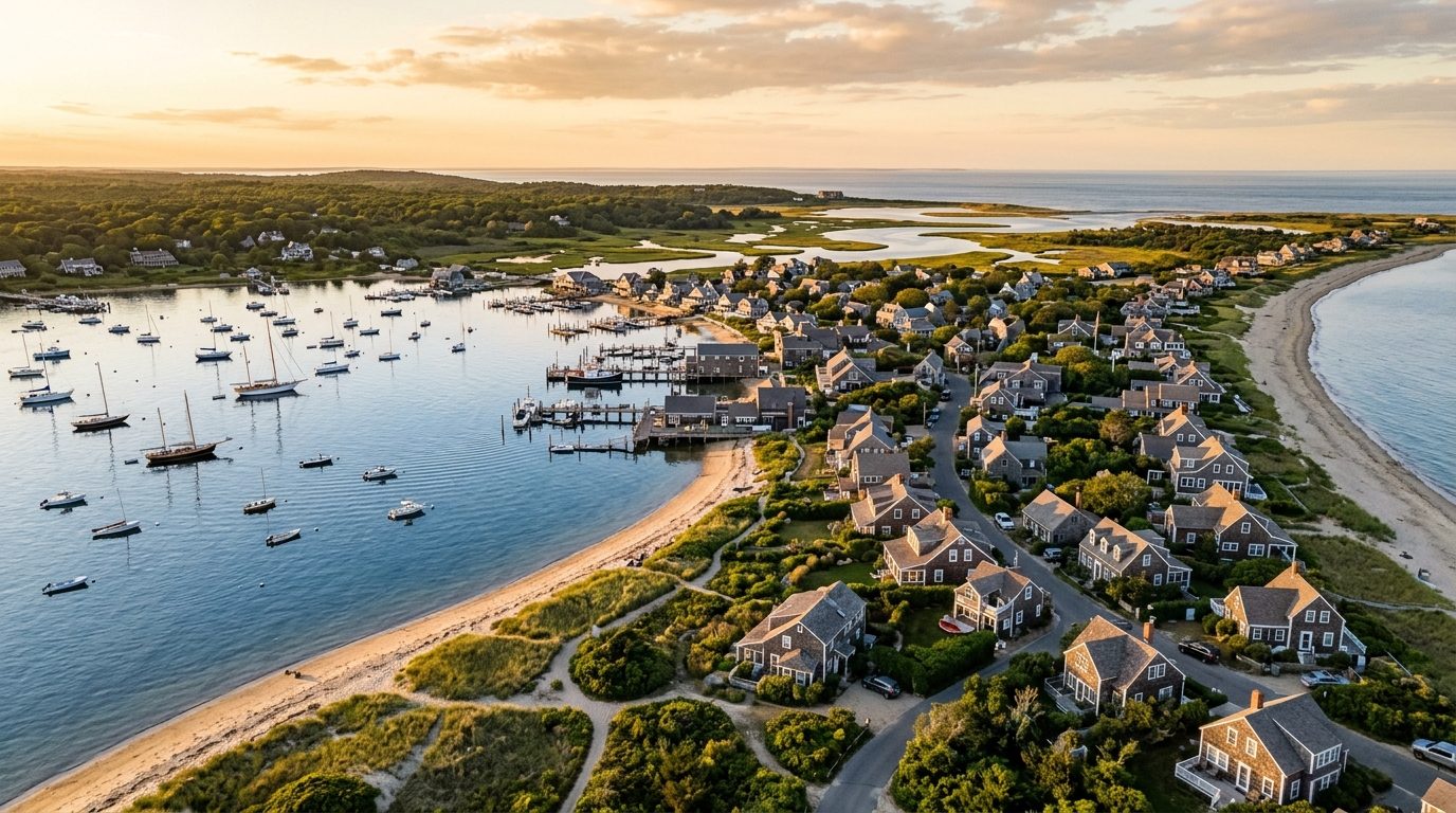 Barnstable Town, MA — Cape Cod harbor village at with weathered shingle-style cottages, sailboats at anchor, dune grass, and a