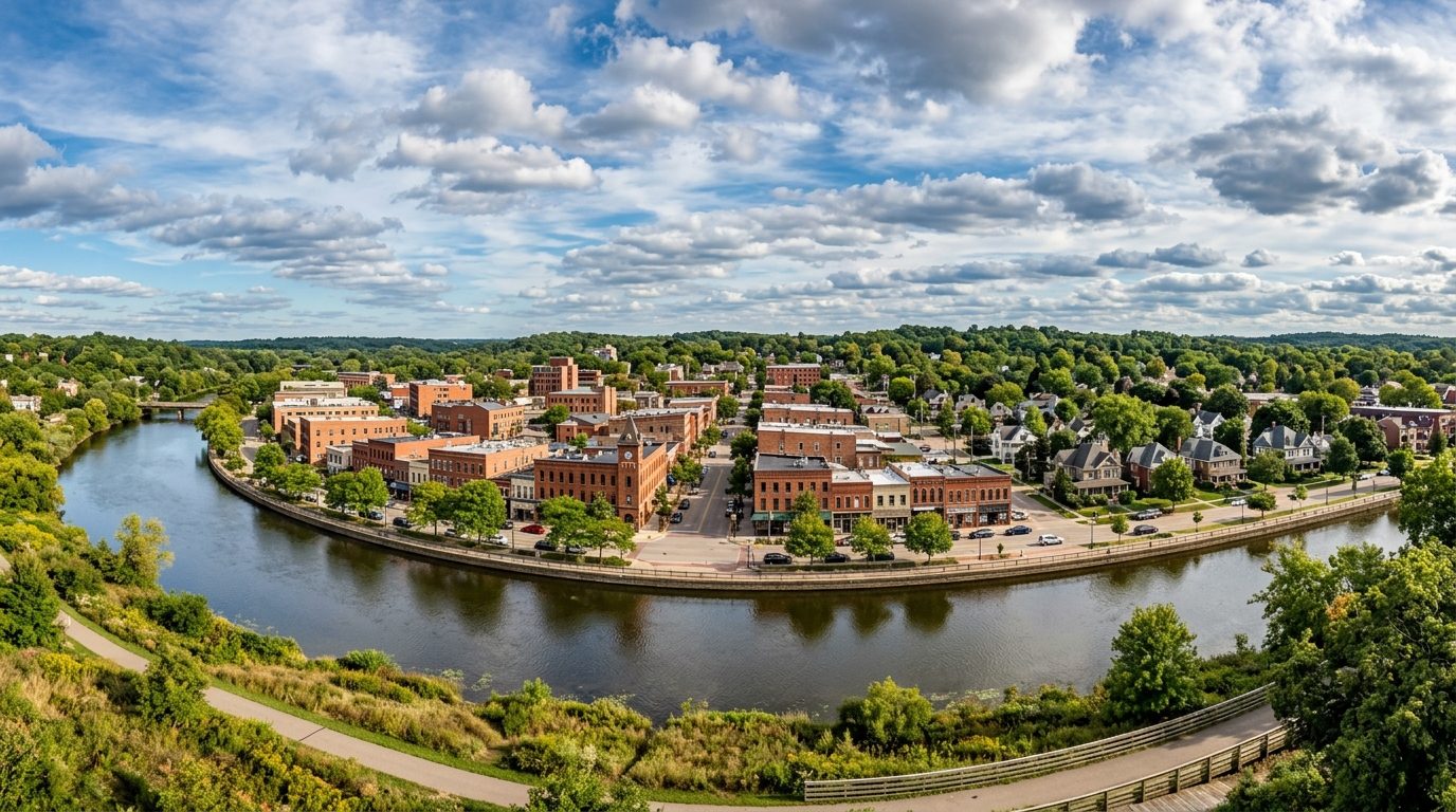 Battle Creek, MI — Landscape of a river curving past a historic southwest Michigan downtown of brick storefronts and tree-lined