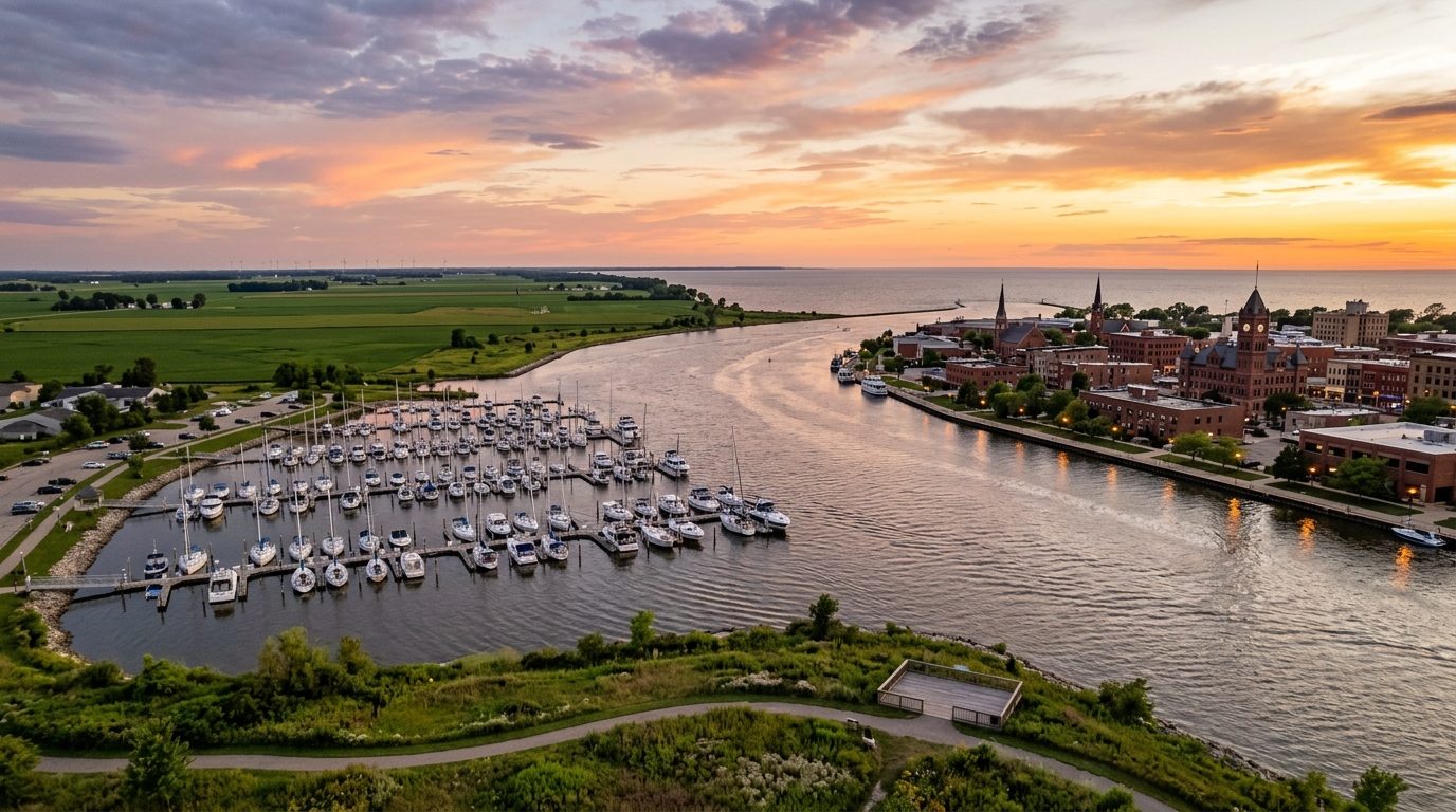 Bay City, MI — Saginaw River opening into Saginaw Bay at sunset, framed by Bay City's historic downtown skyline, a marina