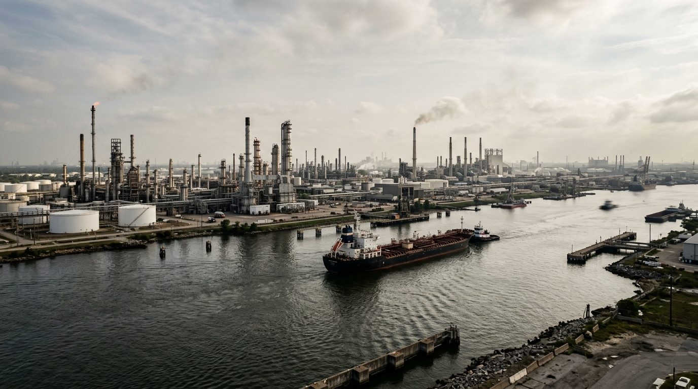 Beaumont, TX — Gulf Coast industrial waterway lined with petrochemical refinery towers, storage tanks, and a river channel