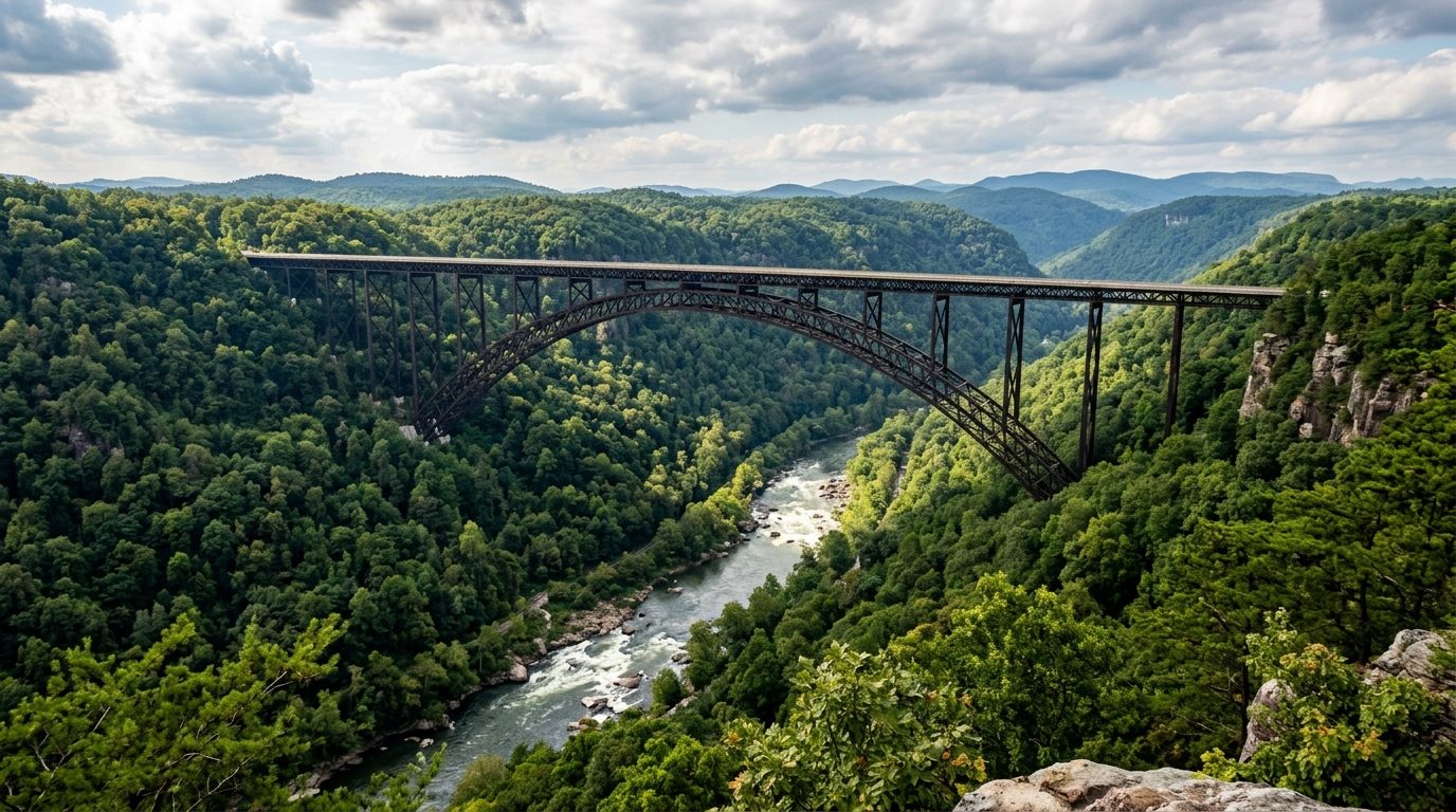 Beckley, WV — Deep forested Appalachian river gorge with a tall steel arch bridge spanning it, whitewater rapids below, and