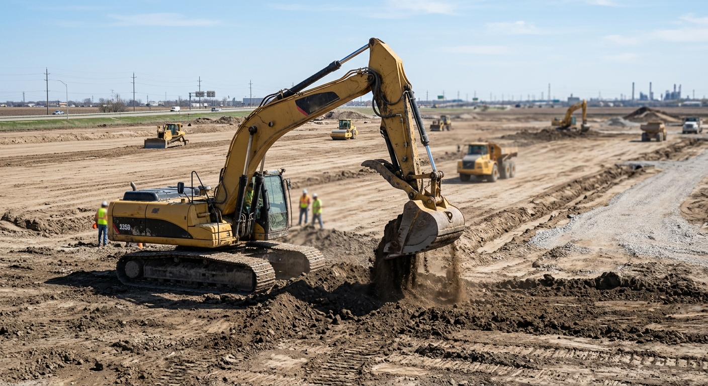 A large excavator digging earth at an open construction site.
