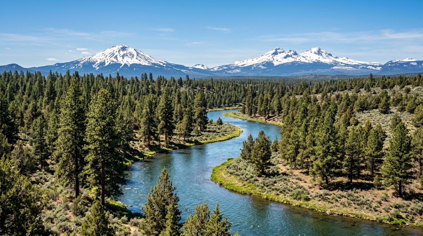 Bend, OR — Deschutes River winding through ponderosa pine forest in the Central Oregon high desert, with snow-capped