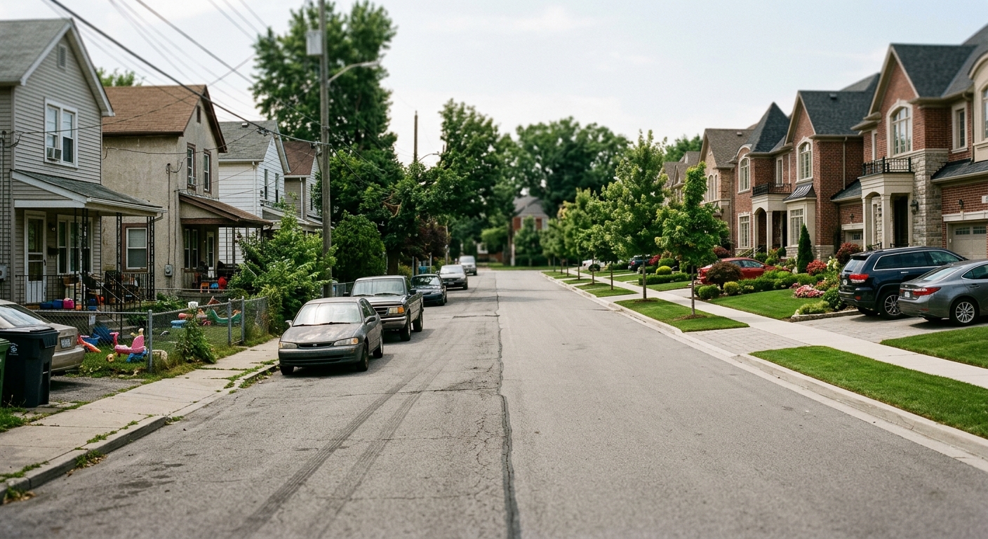 A suburban street transitioning from modest starter homes to larger upscale houses.