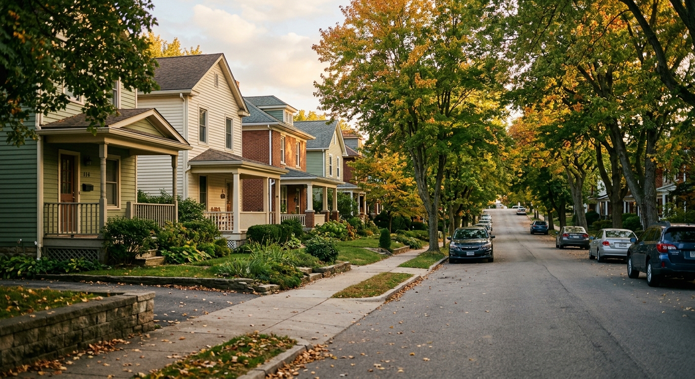 A tree-lined residential street of two-story homes in warm late-summer afternoon light.