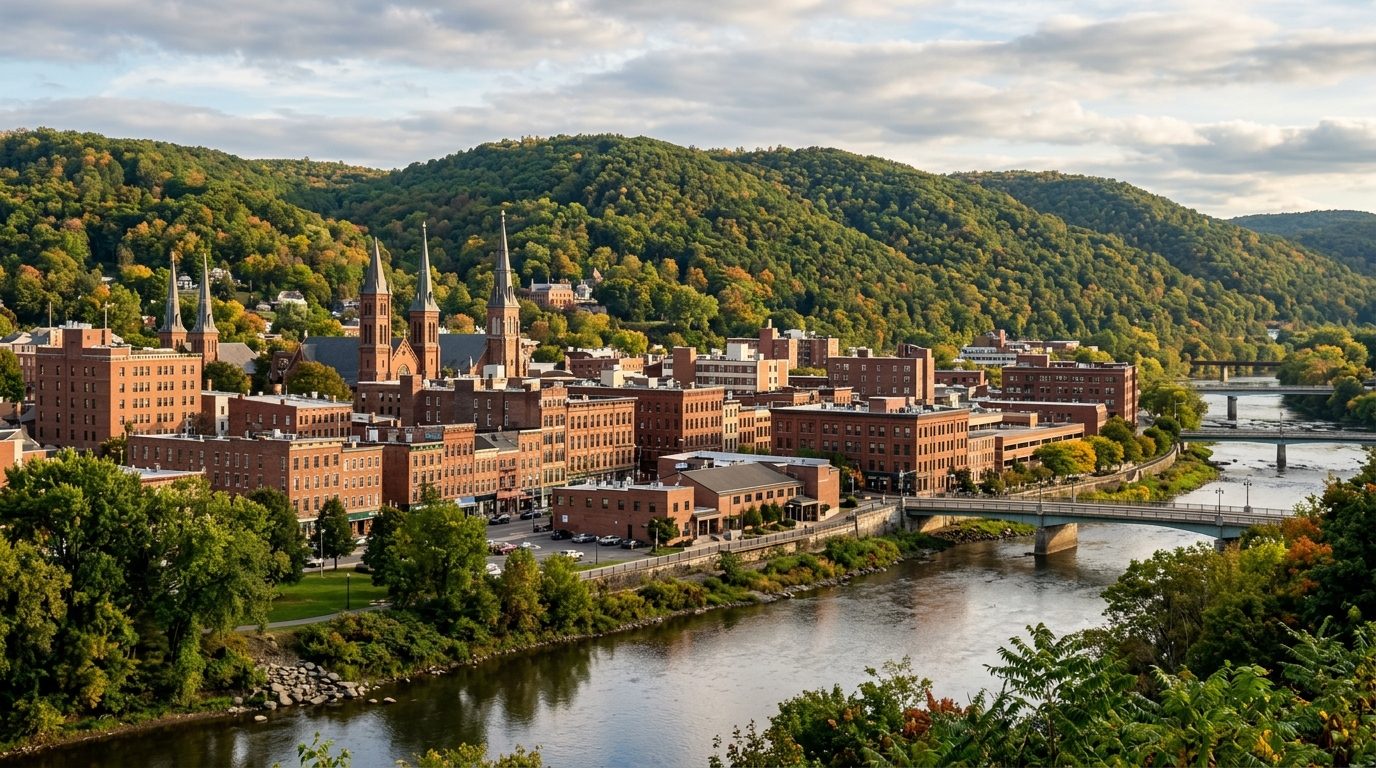Binghamton, NY — Downtown Binghamton's brick storefronts and church steeples set along the Susquehanna River valley beneath