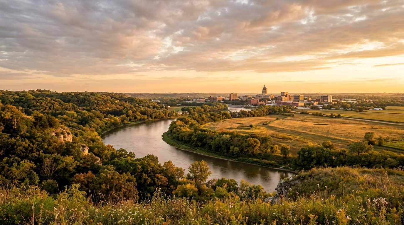 Bismarck, ND — River winding between wooded bluffs and open prairie under a big sky at with a small twin-city skyline of a