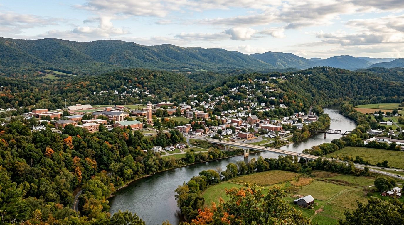 Blacksburg, VA — Small Appalachian university town nestled among forested ridges and rolling farmland along a winding river