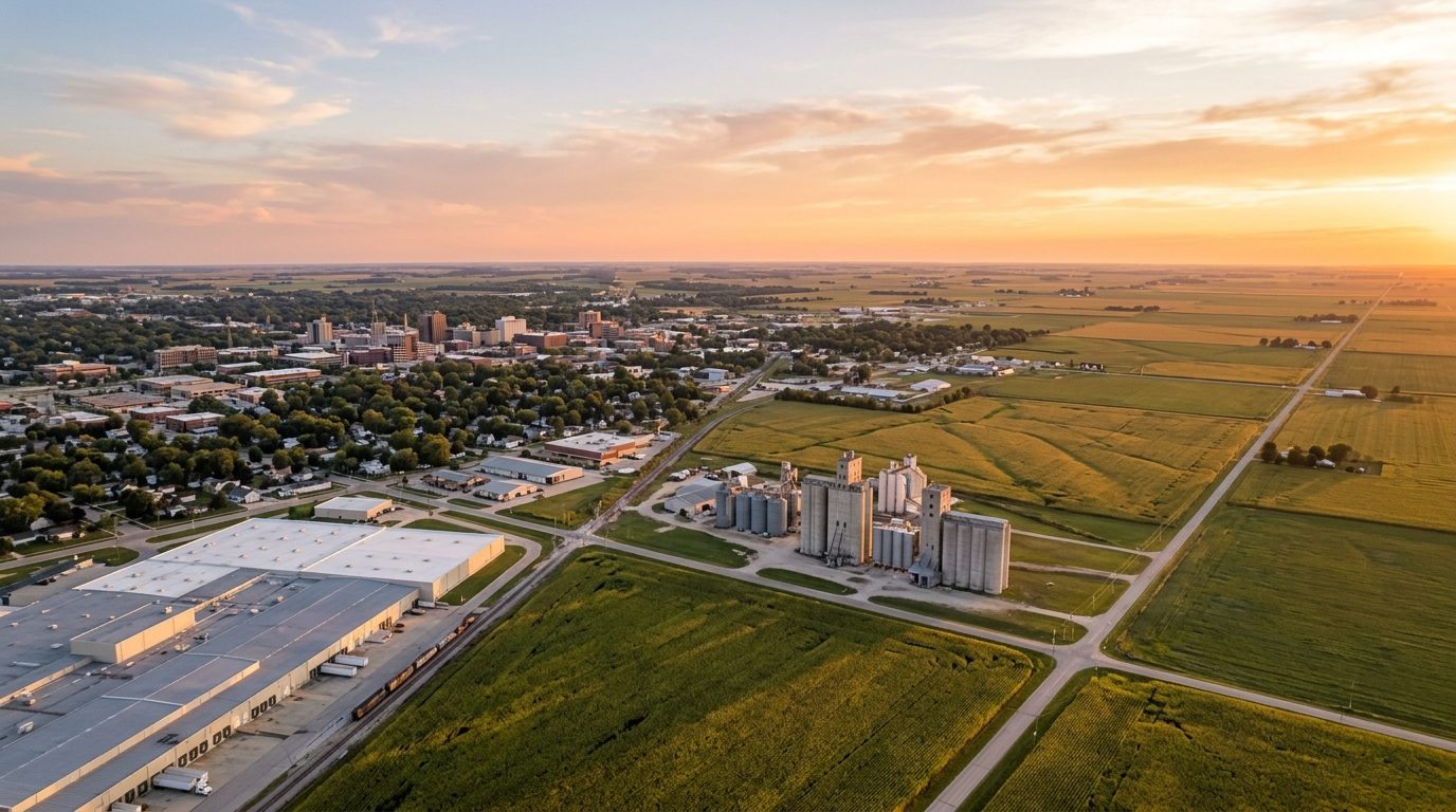 Bloomington, IL — Aerial landscape over the Bloomington-Normal skyline transitioning into flat Illinois prairie farmland at the