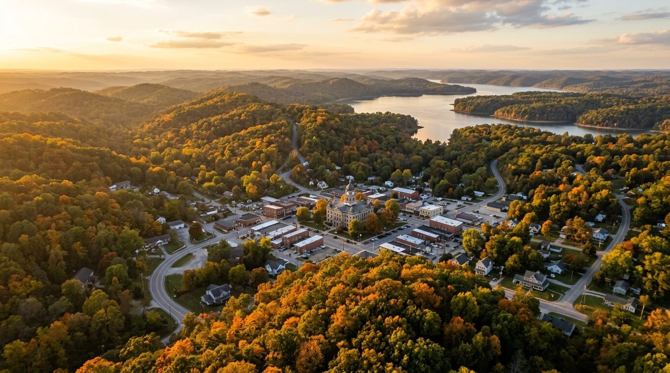 Bloomington, IN — Forested limestone hills in south-central Indiana at with a small-town courthouse square and tree-lined