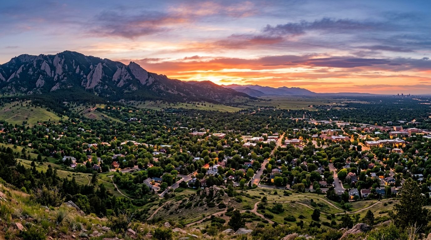 Boulder, CO — Boulder, Colorado at sunset, with the Flatirons rock formations rising above a mix of tree-lined