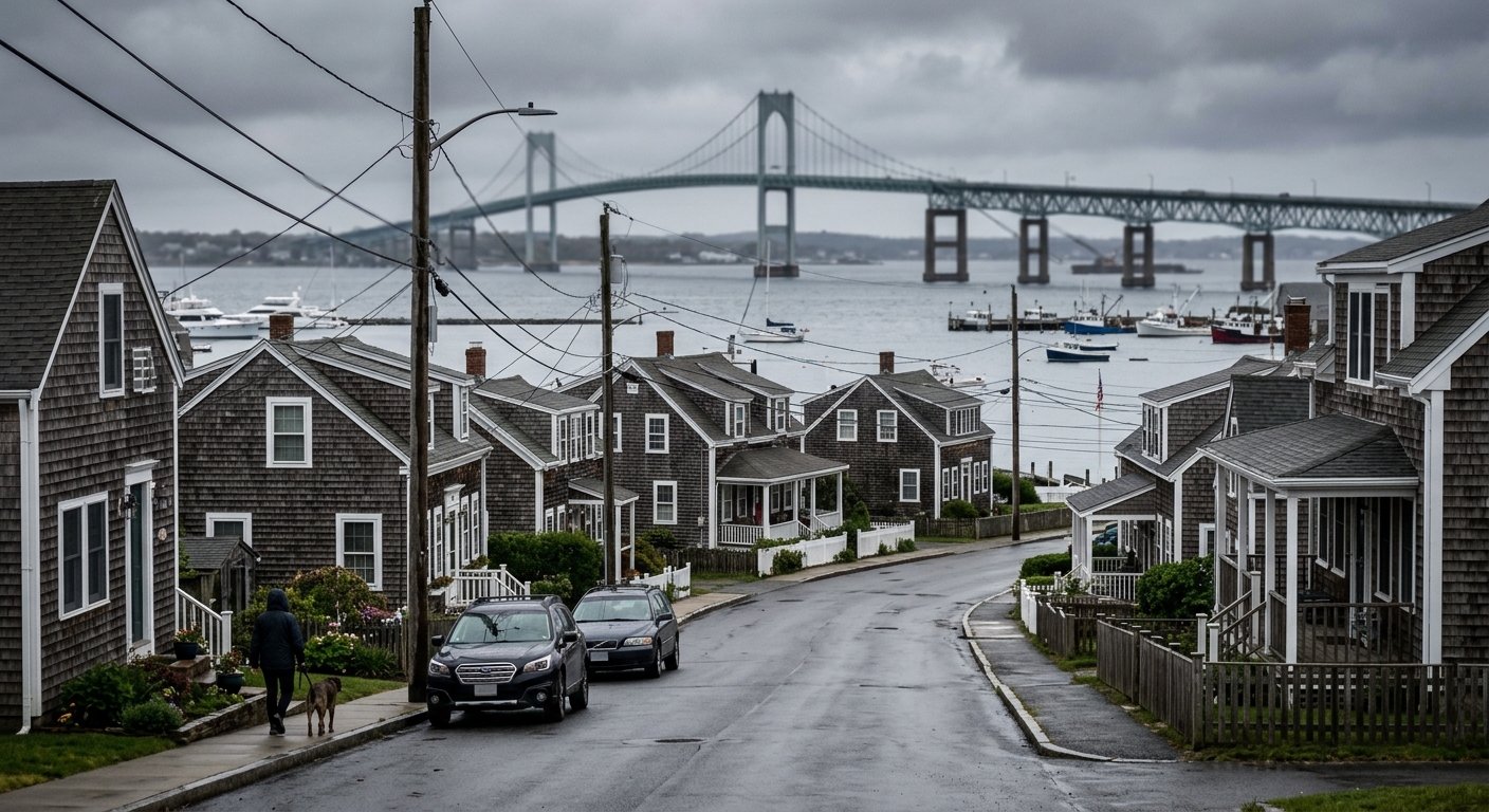 A coastal New England neighborhood street with shingled homes and a bridge visible in the distance.