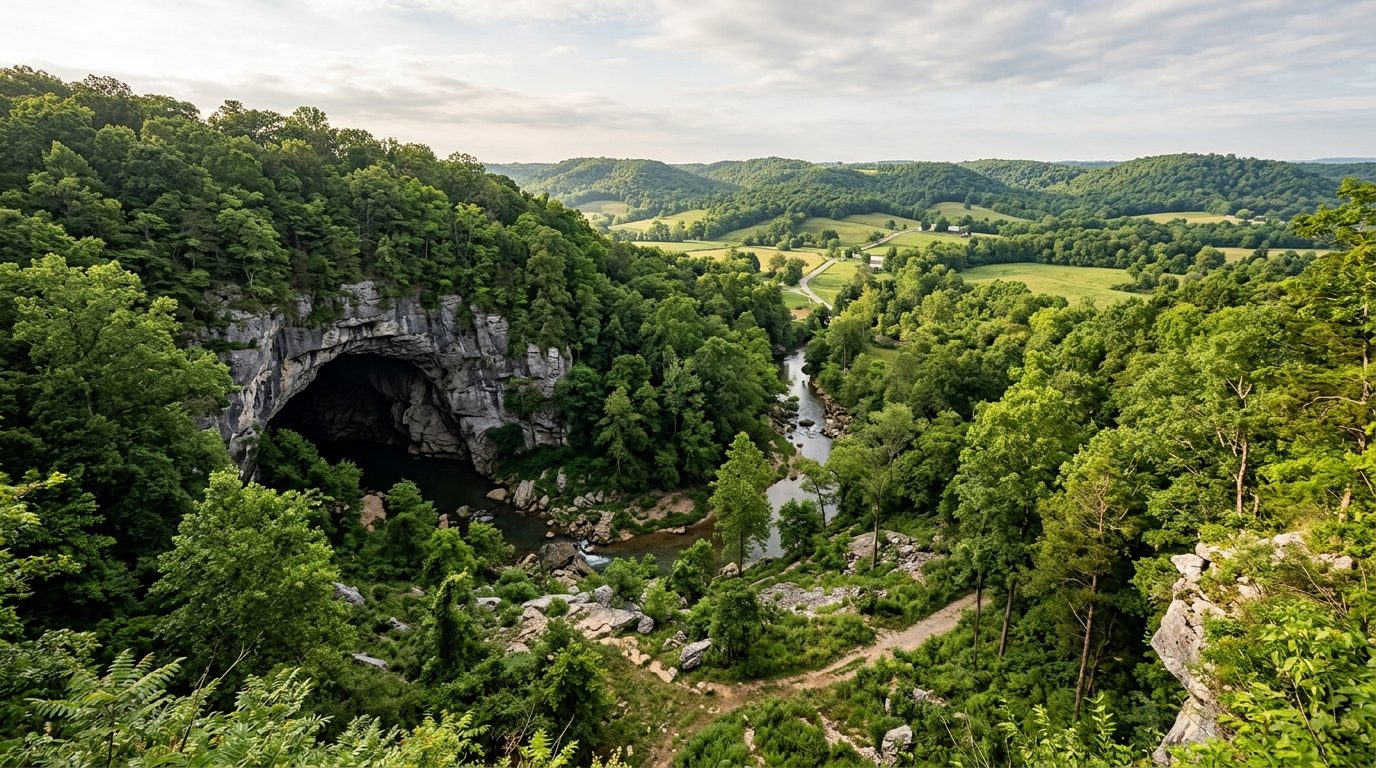 Bowling Green, KY — Limestone cave entrance and green karst countryside near Bowling Green, Kentucky, soft morning light, with no