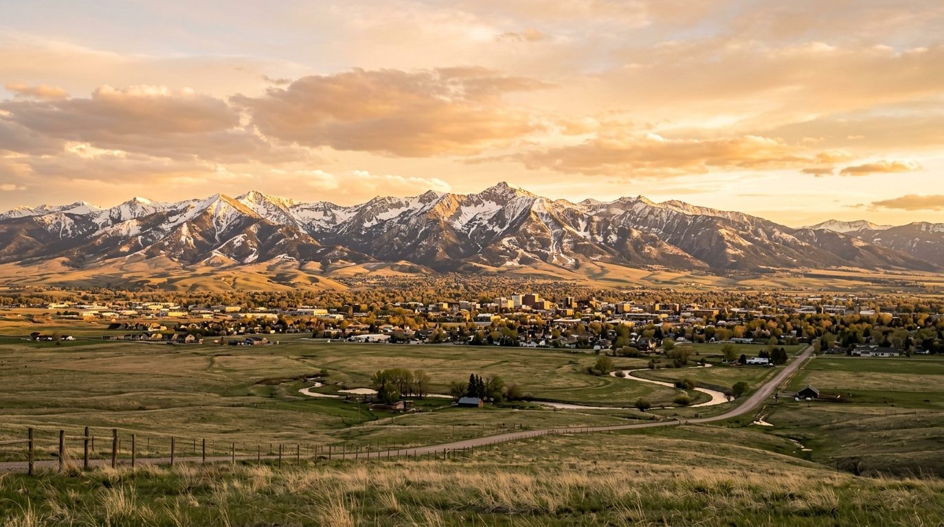 Bozeman, MT — Gallatin Valley at with a small mountain city nestled below snow-dusted peaks and open ranchland stretching