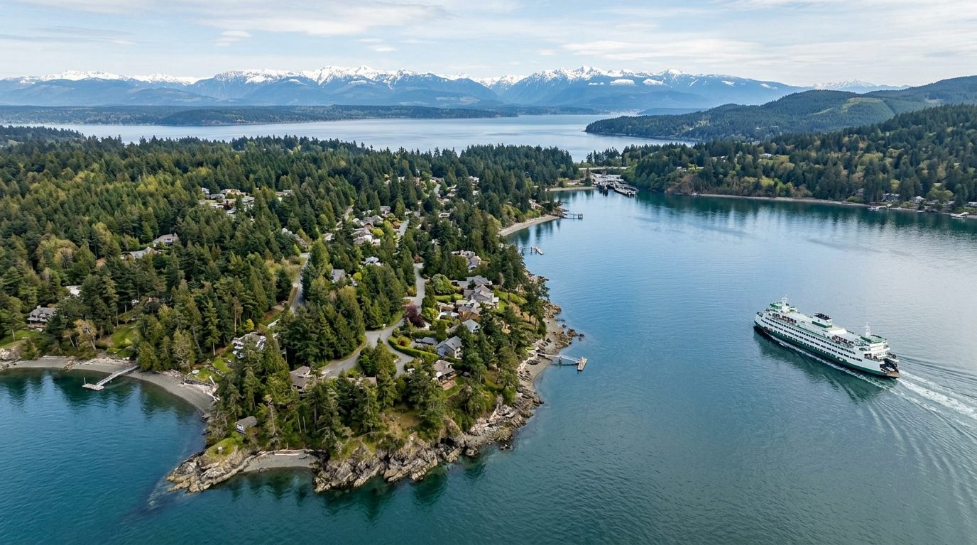 Bremerton, WA — Forested Puget Sound peninsula with a rocky waterfront shoreline, a ferry crossing calm blue water, and the