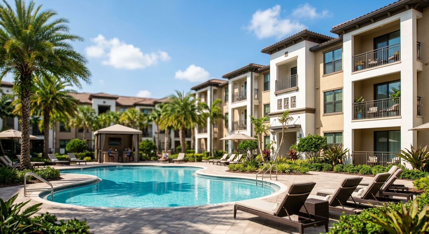A modern garden-style apartment community with palm trees and a pool in Florida.