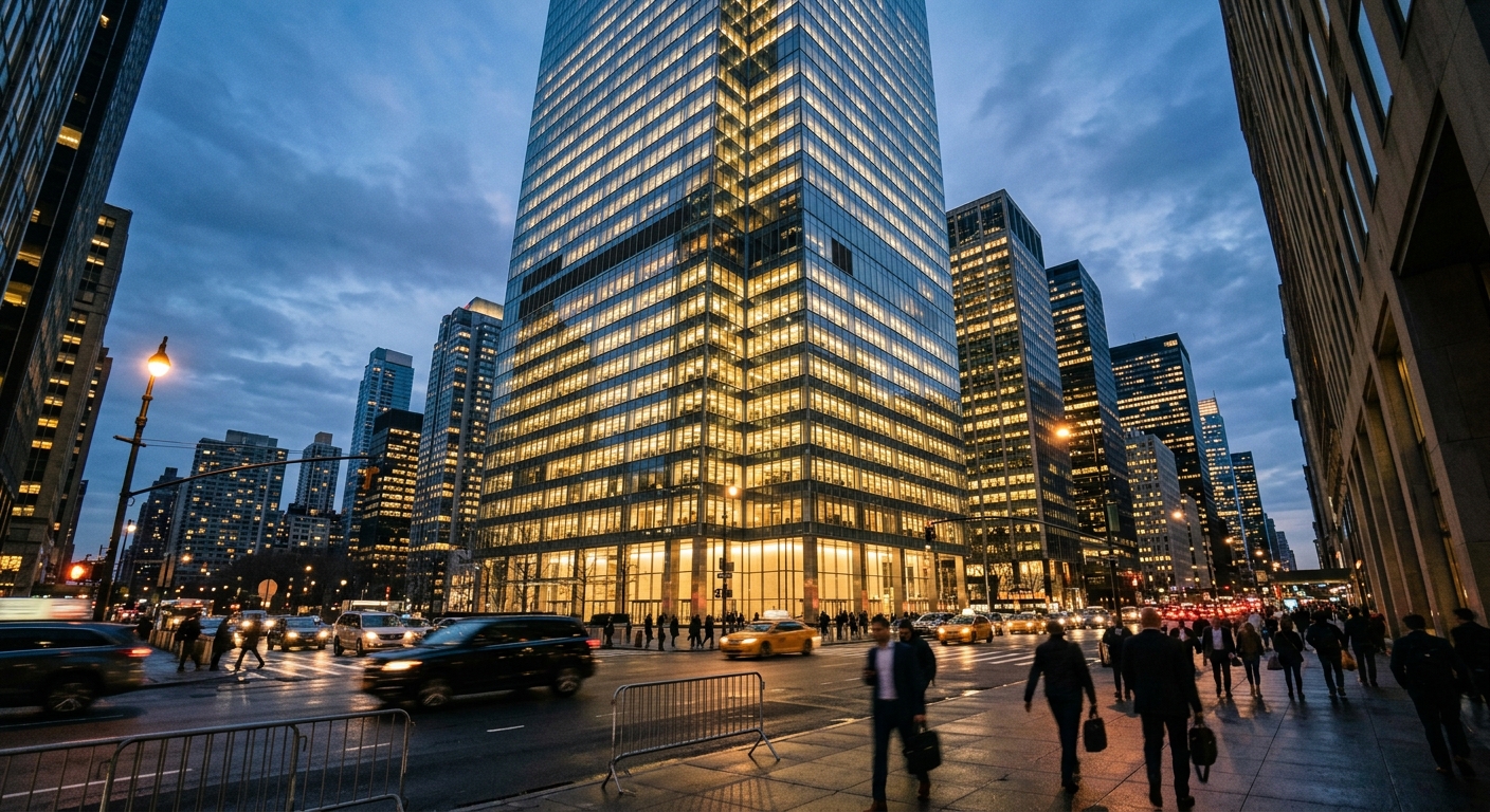 A modern glass office tower in a financial district skyline at dusk.