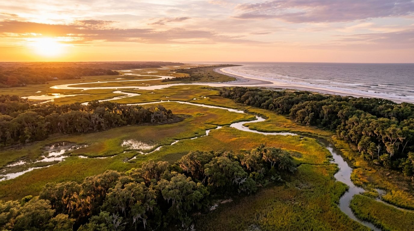 Brunswick, GA — Aerial-style landscape of Georgia's Golden Isles coastline at showing sweeping salt marsh grasses, winding