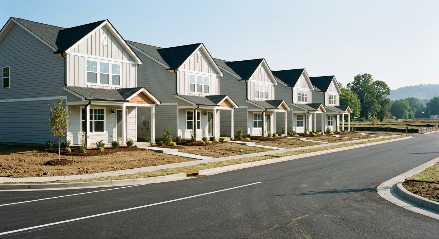 A row of newly built identical single-family homes on a freshly paved suburban street.