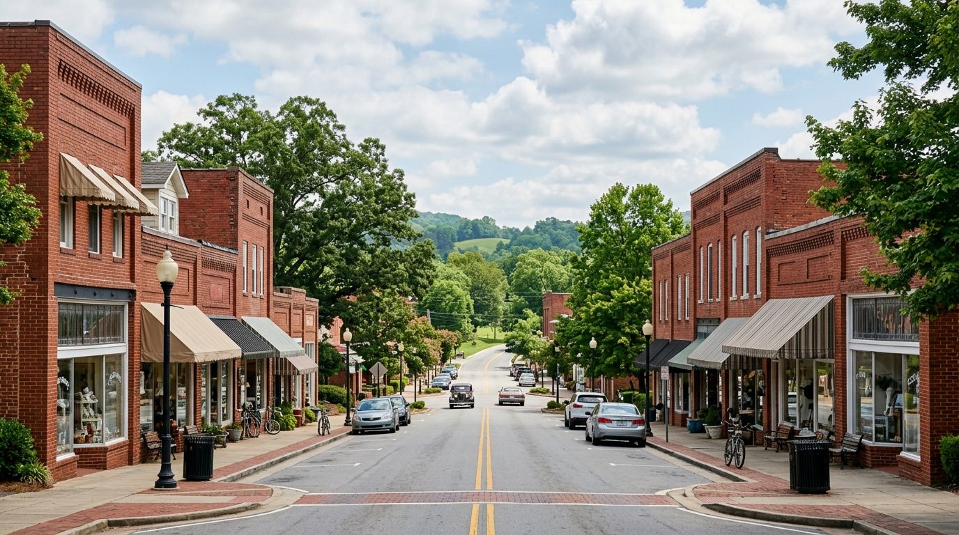 Burlington, NC — Small Piedmont North Carolina downtown with red-brick early-20th-century storefronts along a tree-lined main