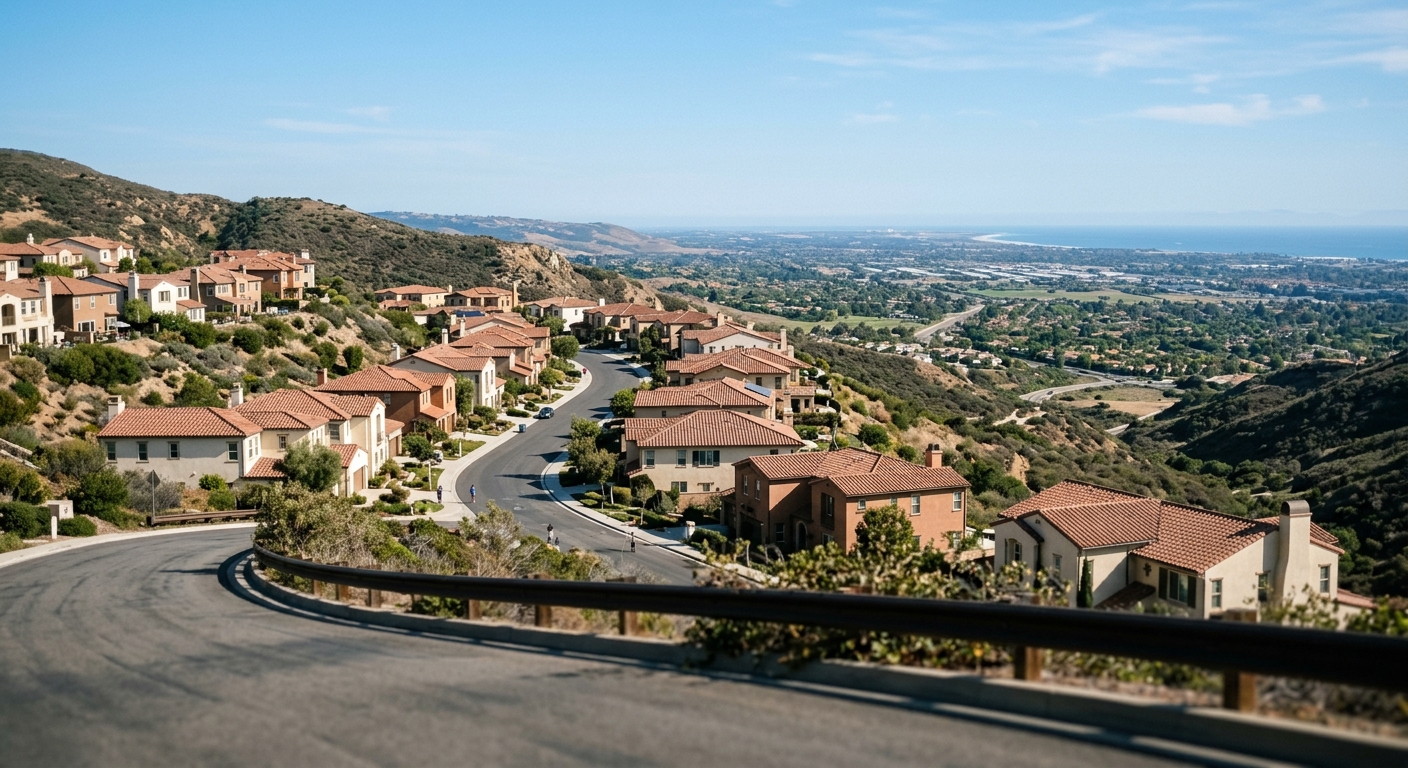 A hillside neighborhood of single-family homes overlooking a coastal Southern California valley.