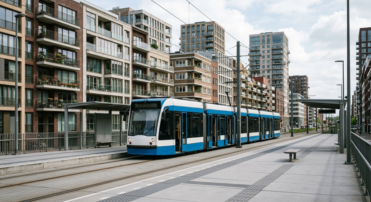 A light rail train at an outdoor urban transit platform with mid-rise apartment buildings rising behind it in daylight.