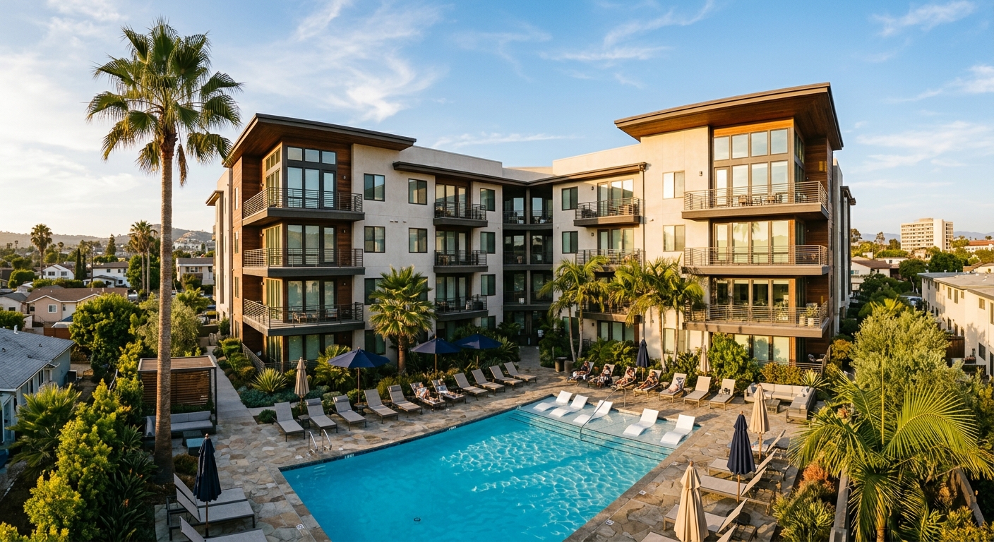 Modern mid-rise apartment community exterior in Southern California with palm trees, representing the type of multifamily properties in Camden Property Trust portfolio sale.