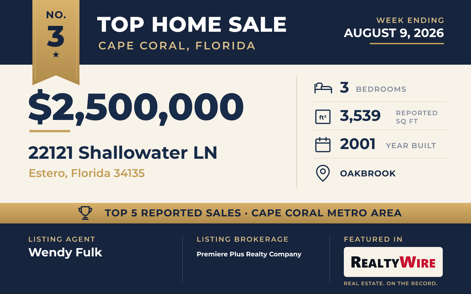 Top home sale No. 3 in the Cape Coral, Florida metro area — 22121 Shallowater LN, Estero, Florida, week ending August 9, 2026