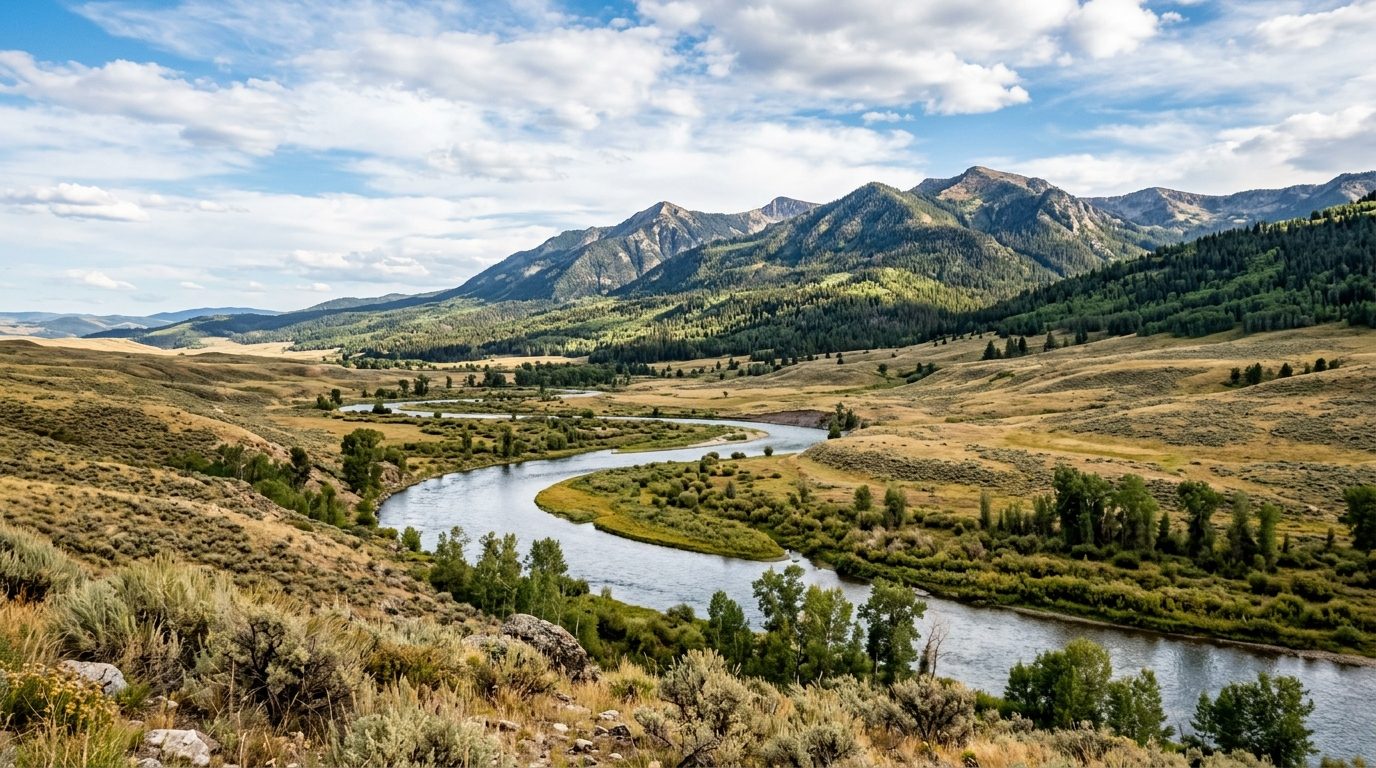 Casper, WY — North Platte River winding through a high-plains valley with a forested mountain rising in the background