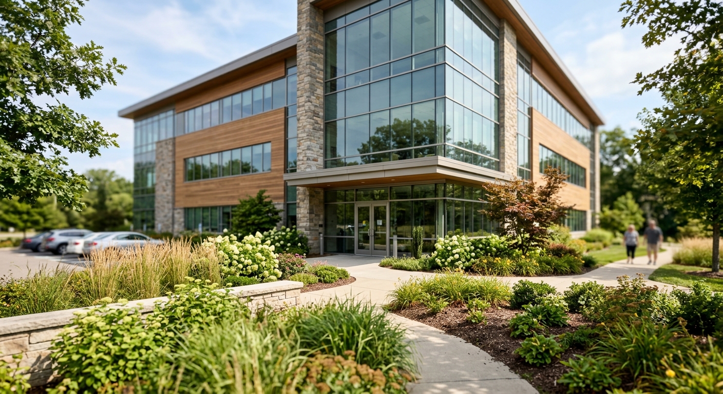 Exterior of a modern medical office building with landscaping in daylight