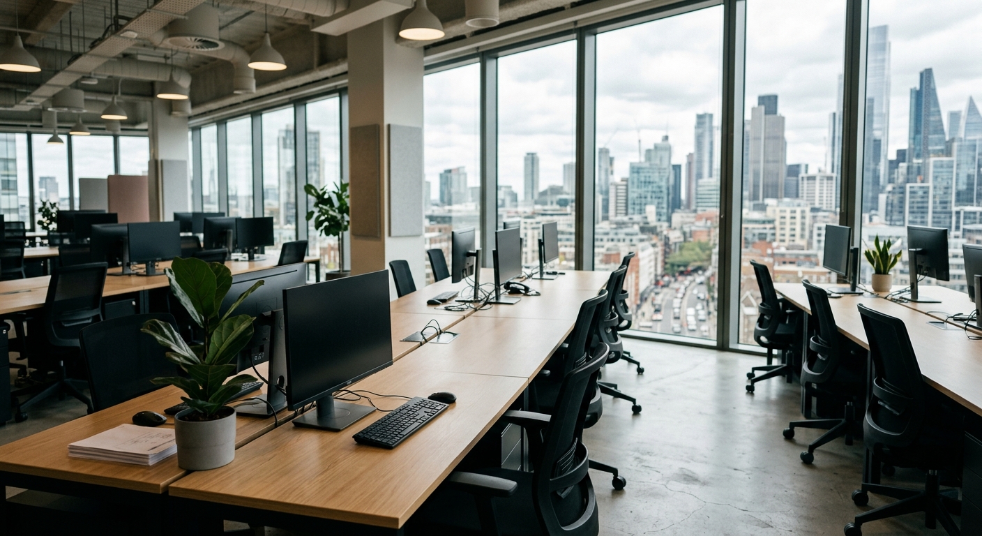 A modern open-plan office with empty desks and large windows overlooking a city skyline.